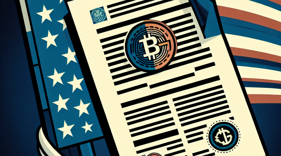 "Digital illustration of a symbolic representation of the US Securities and Exchange Commission document with omitted crypto section, American flag with cryptocurrency symbol subtly interwoven in the background, representing President Trump's support for the crypto industry. The dominant brand colours Orange, Dark Blue, and Midnight Blue are used - conveying a smooth, professional and clean design in the 1200 x 628 dimension."