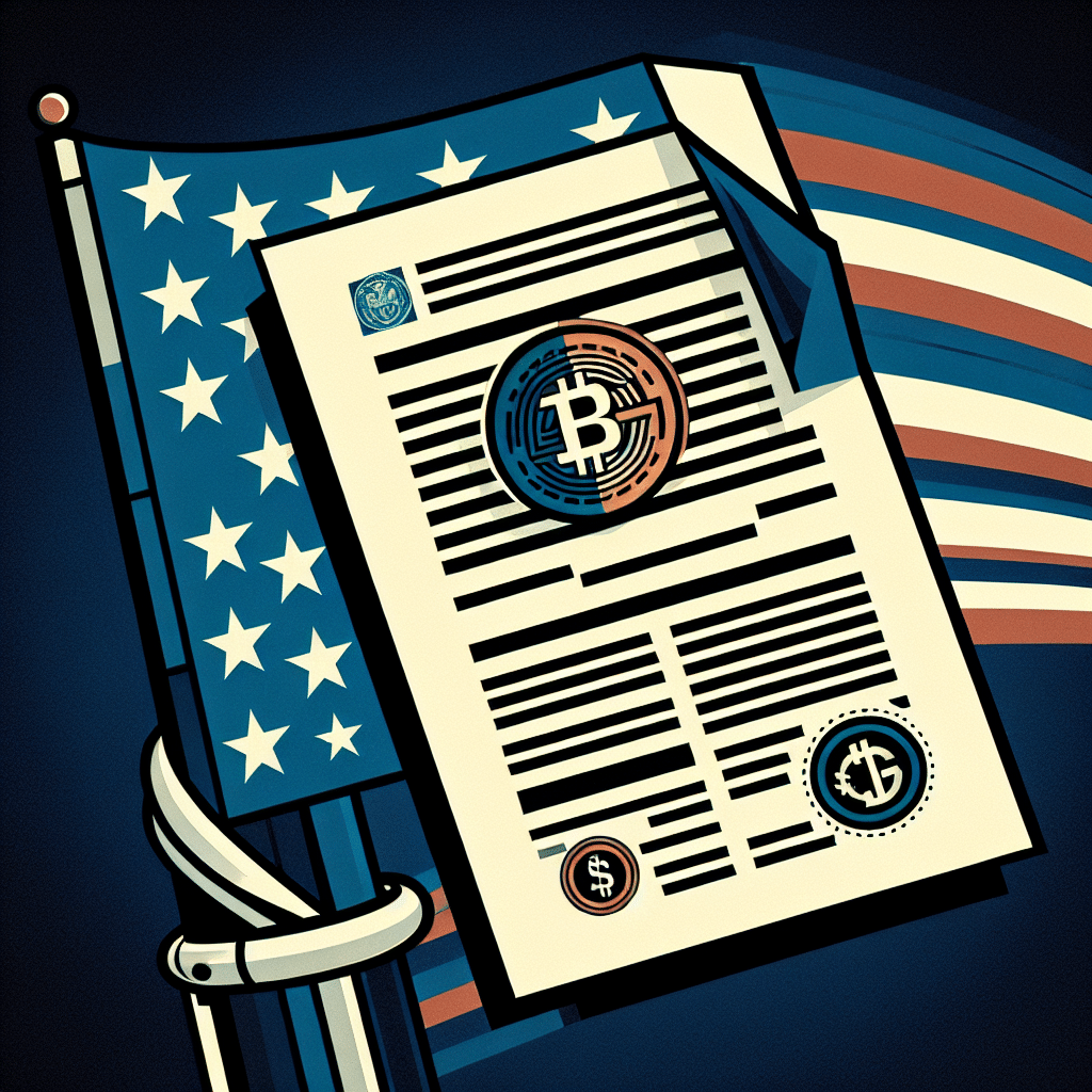 "Digital illustration of a symbolic representation of the US Securities and Exchange Commission document with omitted crypto section, American flag with cryptocurrency symbol subtly interwoven in the background, representing President Trump's support for the crypto industry. The dominant brand colours Orange, Dark Blue, and Midnight Blue are used - conveying a smooth, professional and clean design in the 1200 x 628 dimension."