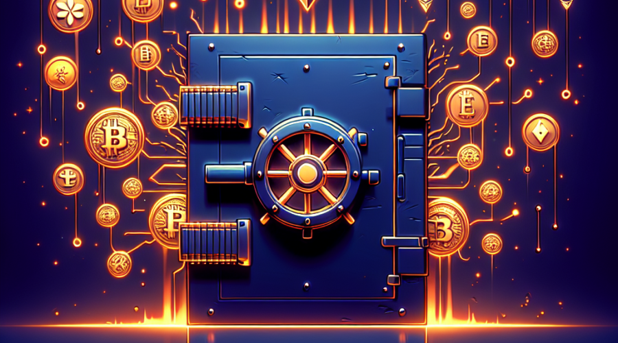 "Stylized vault overflowing with Ethereum cryptocurrencies against a dark blue background, representing the Stable project controversy. A broken server in orange color sits on the left, depicting the technical troubles causing Phase 2 deposit suspension. Words in midnight blue stress the urgency and tension involved in the situation."