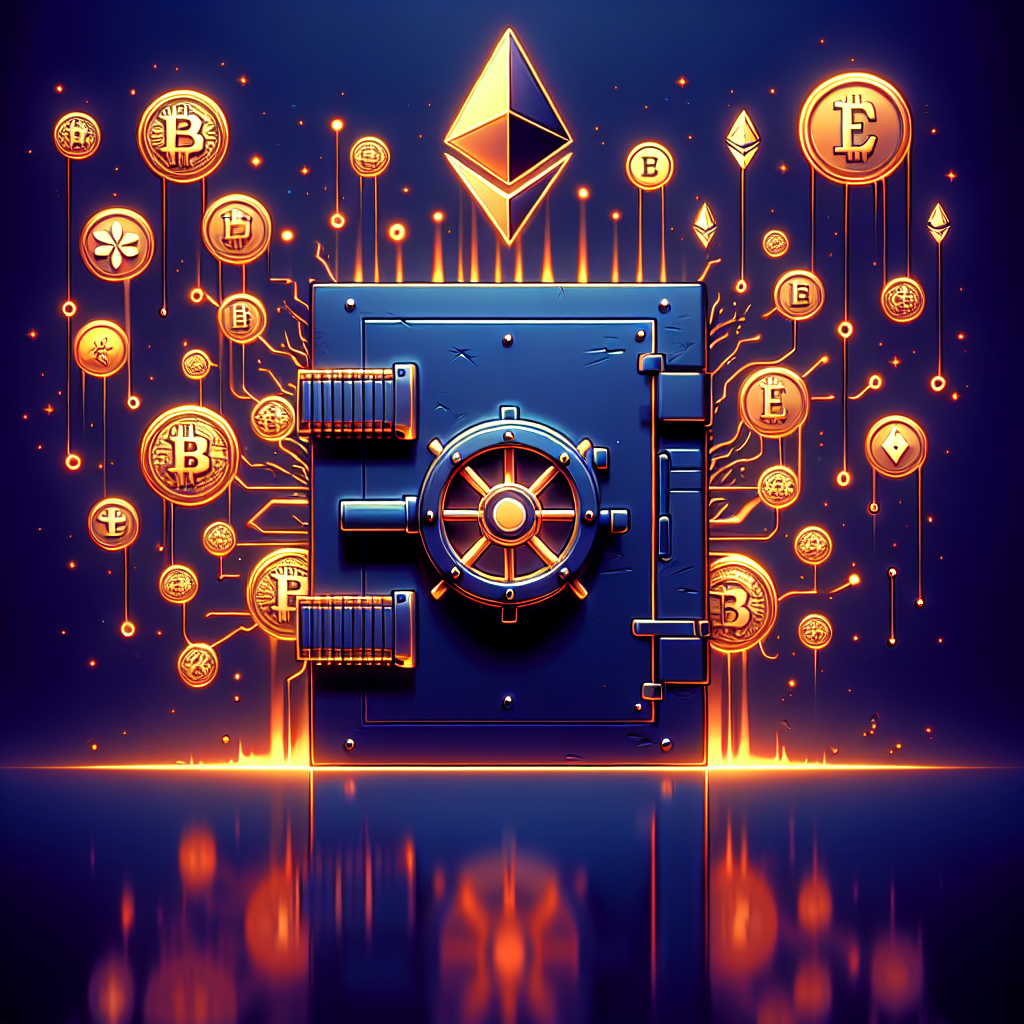 "Stylized vault overflowing with Ethereum cryptocurrencies against a dark blue background, representing the Stable project controversy. A broken server in orange color sits on the left, depicting the technical troubles causing Phase 2 deposit suspension. Words in midnight blue stress the urgency and tension involved in the situation."