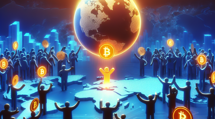 "Blue silhouettes of emerging fintechs and neobanks reaching for an orange stablecoin, symbolizing global financial inclusion and digital growth."