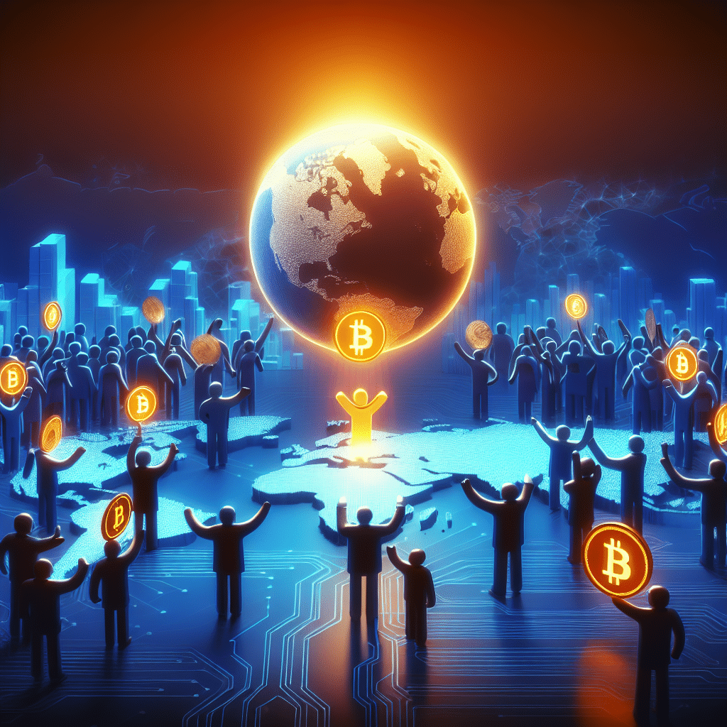 "Blue silhouettes of emerging fintechs and neobanks reaching for an orange stablecoin, symbolizing global financial inclusion and digital growth."