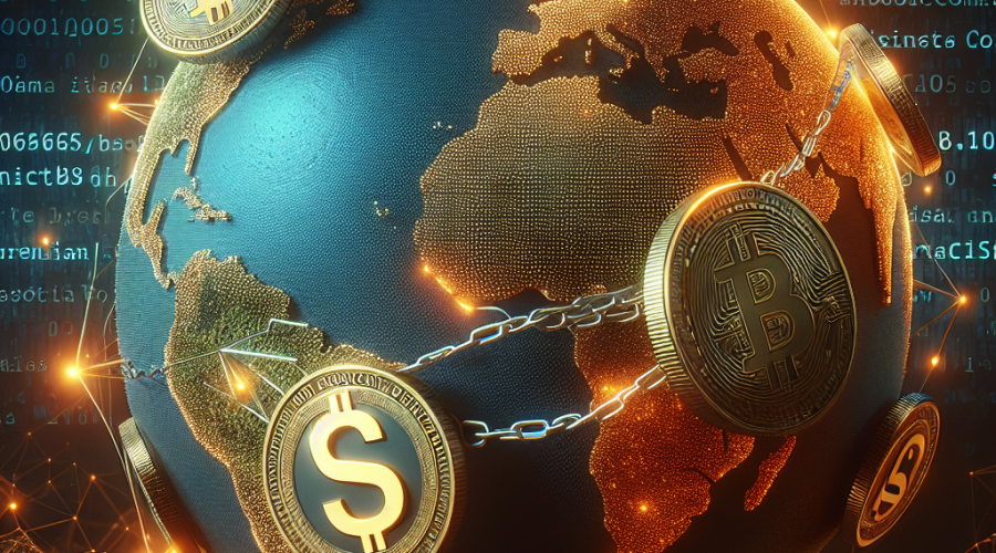 "Digital globe image representing Africa and the US interconnected by a stream of glowing digital coins with a dollar sign, illustrating the rising impact of stablecoins in developing economies, authored by Christos A. Makridis, Arizona State University and the Heritage Foundation, set against a midnight blue blockchain network background."