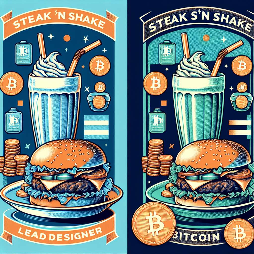 **SEO Alt-text:** Graphic blog banner (1200 x 628 px) illustrating the fusion of classic American fast-food culture with modern cryptocurrency innovation, featuring a bold burger and milkshake set in a retro diner scene. The image includes prominent Bitcoin logos and stylized digital coins, enhanced with subtle blockchain motifs. The background and accents are in the brand colors Orange (#FF9811), Dark Blue (#000D43), and Midnight Blue (#021B88), visually capturing Steak ‘n Shake’s exciting integration of Bitcoin payments. Clean, contemporary designer aesthetic for maximum impact on blog and social media.