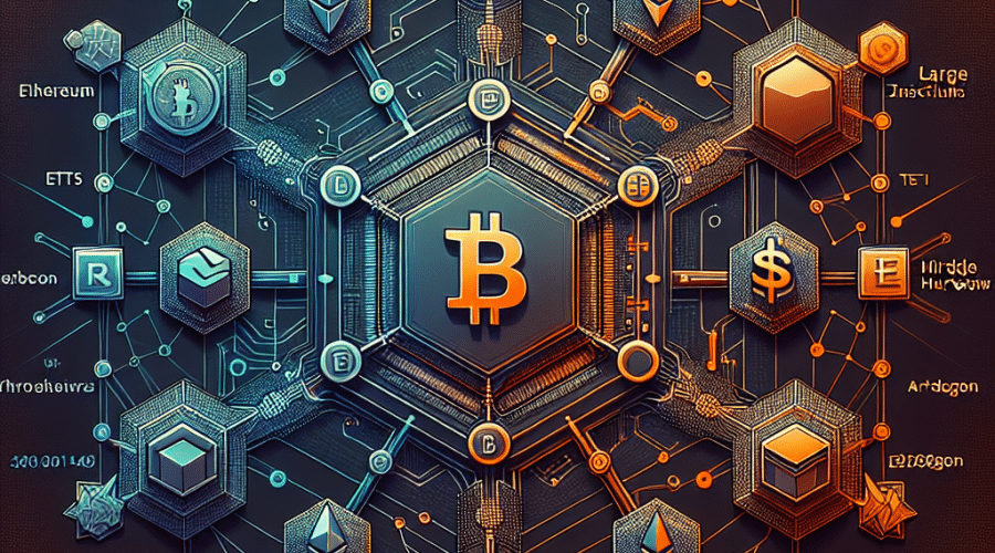 "Crosschain bridge hub graphic surrounded by illustrated nodes denoting Bitcoin, Ethereum, Arbitrum, and Polygon blockchains, interacting with large institutions like ETFs and hedge funds within the DeFi ecosystem through the advanced Threshold Network, all colored in a palette of Orange, Dark Blue, and Midnight Blue. The foreground boasts stylized currency symbols illustrating significant value transfer, placed against a digital tech-inspired backdrop. Perfect resolution for online use with a 1200x628 pixel ratio."