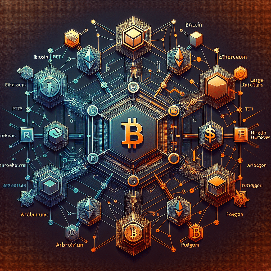 "Crosschain bridge hub graphic surrounded by illustrated nodes denoting Bitcoin, Ethereum, Arbitrum, and Polygon blockchains, interacting with large institutions like ETFs and hedge funds within the DeFi ecosystem through the advanced Threshold Network, all colored in a palette of Orange, Dark Blue, and Midnight Blue. The foreground boasts stylized currency symbols illustrating significant value transfer, placed against a digital tech-inspired backdrop. Perfect resolution for online use with a 1200x628 pixel ratio."