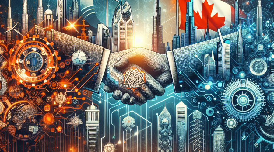 SEO alt-text: Sleek modern digital illustration depicting a partnership between Canada and the UAE, featuring a dynamic handshake between diverse business figures set in a futuristic cityscape merging Canadian and Emirati landmarks. Visual symbols of technology, artificial intelligence (AI), clean energy with wind turbines, and mining tools are integrated into the scene. The artwork uses a harmonious palette of deep orange (#FF9811), dark blue (#000D43), and midnight blue (#021B88), conveying innovation, international collaboration, and vibrant economic growth. Sized perfectly for a WordPress blog post at 1200 x 628 pixels.