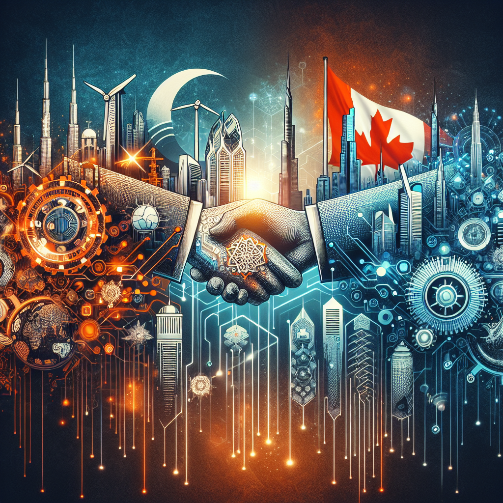 SEO alt-text: Sleek modern digital illustration depicting a partnership between Canada and the UAE, featuring a dynamic handshake between diverse business figures set in a futuristic cityscape merging Canadian and Emirati landmarks. Visual symbols of technology, artificial intelligence (AI), clean energy with wind turbines, and mining tools are integrated into the scene. The artwork uses a harmonious palette of deep orange (#FF9811), dark blue (#000D43), and midnight blue (#021B88), conveying innovation, international collaboration, and vibrant economic growth. Sized perfectly for a WordPress blog post at 1200 x 628 pixels.