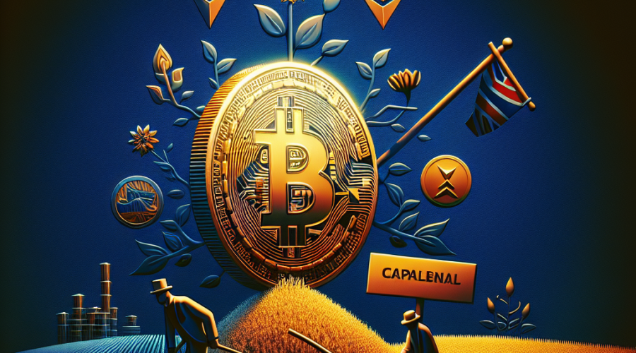 "Golden UK coin transforming into cryptocurrency symbols, including Bitcoin and Ethereum, in an agricultural setting reflecting the reduced tax burden for DeFi users. HM Revenue and Customs logo prominently featured with a small crossed-out capital gains tax sign in striking midnight blue. Background fades from dark blue to warm orange with subtle crypto-related symbol impressions, reflecting the dynamic DeFi market. Image holds a sleek, modern style in line with our brand colors."