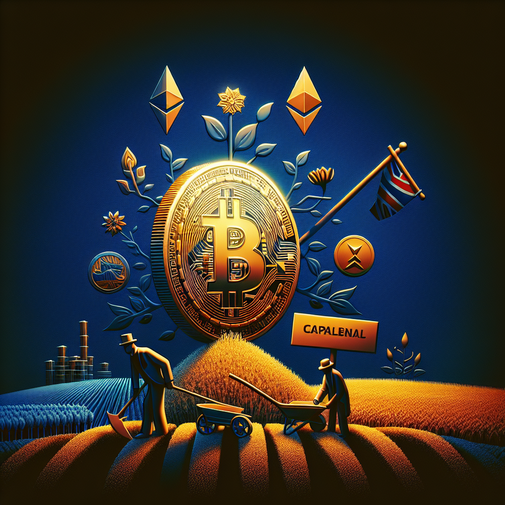 "Golden UK coin transforming into cryptocurrency symbols, including Bitcoin and Ethereum, in an agricultural setting reflecting the reduced tax burden for DeFi users. HM Revenue and Customs logo prominently featured with a small crossed-out capital gains tax sign in striking midnight blue. Background fades from dark blue to warm orange with subtle crypto-related symbol impressions, reflecting the dynamic DeFi market. Image holds a sleek, modern style in line with our brand colors."