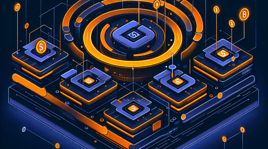 "High-tech illustration of Uniswap's new Continuous Clearing Auctions model in orange #FF9811, visually demonstrating the block-level design distributing tokens gradually on a dark and midnight blue background #000D43 and #021B88 respectively, perfectly optimized for a 1200 x 628 pixel WordPress blog post discussing the fair and gradual price discovery concept."