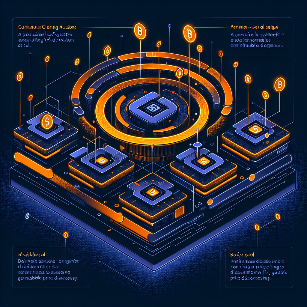 "High-tech illustration of Uniswap's new Continuous Clearing Auctions model in orange #FF9811, visually demonstrating the block-level design distributing tokens gradually on a dark and midnight blue background #000D43 and #021B88 respectively, perfectly optimized for a 1200 x 628 pixel WordPress blog post discussing the fair and gradual price discovery concept."