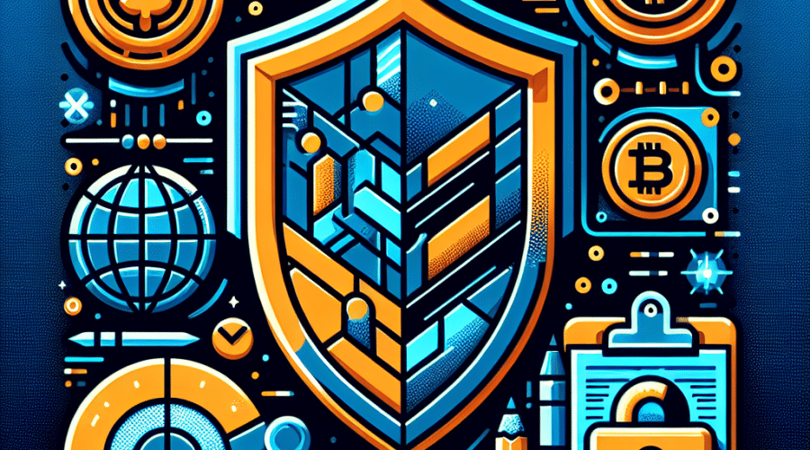 **SEO Optimized Alt-Text:** Digital illustration featuring a secure, shield-shaped motif with the Upbit logo on the left, symbolizing trust and compliance, in bold orange (#FF9811), dark blue (#000D43), and midnight blue (#021B88) brand colors; on the right, stylized crypto coins and digital assets are visibly halted and separated from an abstract Cambodian Huewn Exchange icon, with additional world map and international lines in the background; AML compliance elements such as a lock, checklist, and magnifying glass are subtly integrated, conveying vigilant and professional crypto regulation.