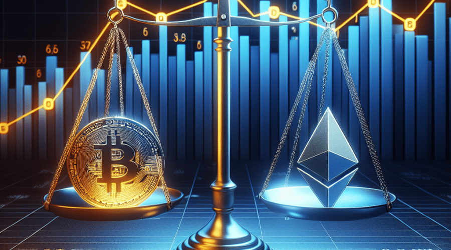 "Bitcoin and Ether coins on a digital scale, symbolizing the financial balance between the two cryptocurrencies. The background features a dark blue downward trend graph with orange and midnight blue arrows, denoting the outflows of 'US Bitcoin ETF's Record Losses' bold and in midnight blue color at the top."