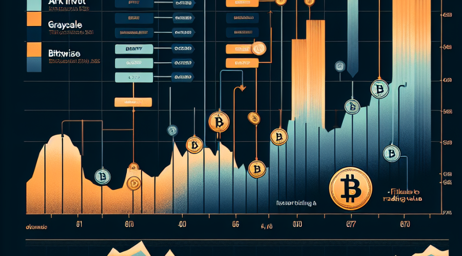 "Bitcoin ETF inflow and outflow graph chart featuring BlackRock, Fidelity, Ark Invest, Grayscale, and Bitwise, each represented in shades of orange, dark blue, and midnight blue, with a subtle Bitcoin emblem in the background. A fluctuating line representing declining and rising trends can be seen at the bottom. The image is titled 'Spot Bitcoin ETF Flows & Trading Volume'."