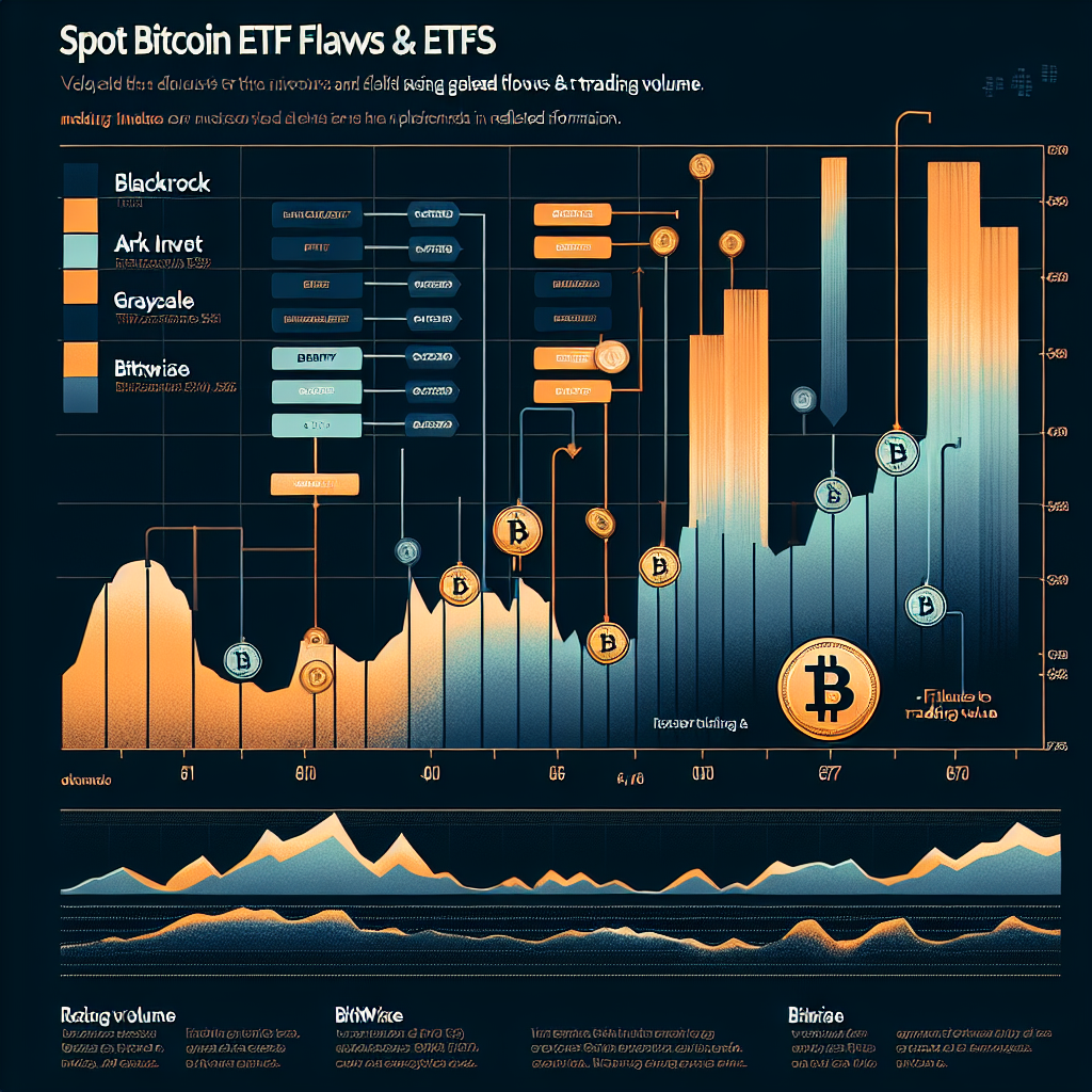 "Bitcoin ETF inflow and outflow graph chart featuring BlackRock, Fidelity, Ark Invest, Grayscale, and Bitwise, each represented in shades of orange, dark blue, and midnight blue, with a subtle Bitcoin emblem in the background. A fluctuating line representing declining and rising trends can be seen at the bottom. The image is titled 'Spot Bitcoin ETF Flows & Trading Volume'."