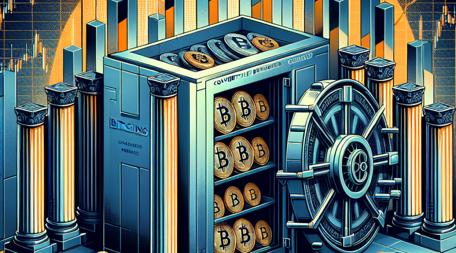 **SEO Alt-Text:** Modern professional graphic illustrating a large, secure vault filled with Bitcoins, set against upward-trending financial charts showing resilience. The background uses dark blue (#000D43) and midnight blue (#021B88), accented with bold orange (#FF9811). Strong pillars labeled security, convertible debt, and stock share price symbolize financial stability. Subtle design elements reference corporate balance sheets and institutional investment, emphasizing Bitcoin reserves protected from liquidation in market downturns. Clean and sophisticated design, optimized for a 1200 x 628 pixel Wordpress blog post.