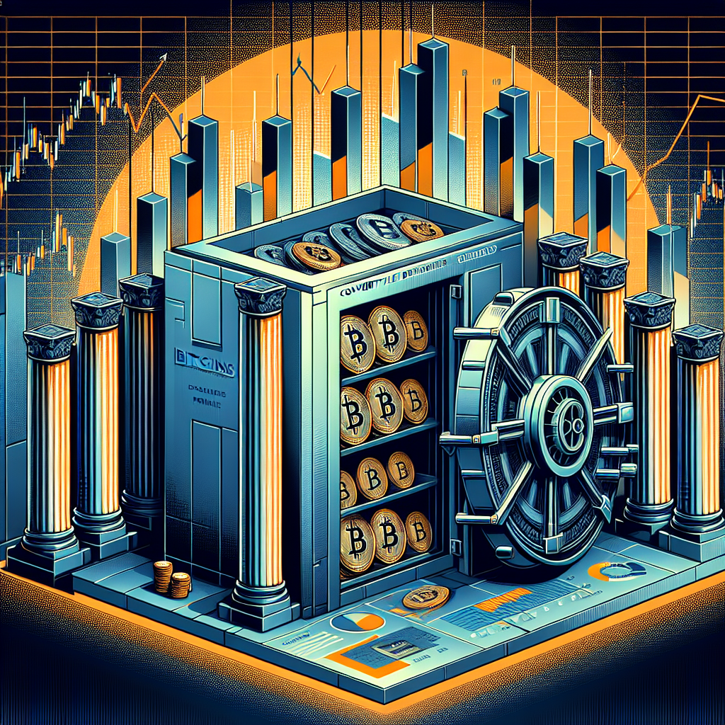 **SEO Alt-Text:** Modern professional graphic illustrating a large, secure vault filled with Bitcoins, set against upward-trending financial charts showing resilience. The background uses dark blue (#000D43) and midnight blue (#021B88), accented with bold orange (#FF9811). Strong pillars labeled security, convertible debt, and stock share price symbolize financial stability. Subtle design elements reference corporate balance sheets and institutional investment, emphasizing Bitcoin reserves protected from liquidation in market downturns. Clean and sophisticated design, optimized for a 1200 x 628 pixel Wordpress blog post.