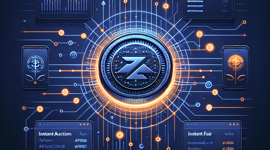 SEO Alt-Text: "Sleek digital illustration in 1200x628 pixels featuring interconnected blockchain nodes and transparent auction icons encircling a glowing ZKP coin at the center, using #FF9811 orange, #000D43 dark blue, and #021B88 midnight blue brand colors; dynamic dashboard screens display instant token allocation with flowing lines for seamless, real-time, and fair distribution, conveying innovative, trustworthy, and simplified presale technology on a clean, modern background."
