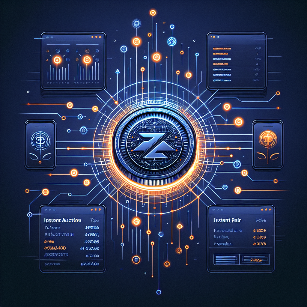 SEO Alt-Text: "Sleek digital illustration in 1200x628 pixels featuring interconnected blockchain nodes and transparent auction icons encircling a glowing ZKP coin at the center, using #FF9811 orange, #000D43 dark blue, and #021B88 midnight blue brand colors; dynamic dashboard screens display instant token allocation with flowing lines for seamless, real-time, and fair distribution, conveying innovative, trustworthy, and simplified presale technology on a clean, modern background."