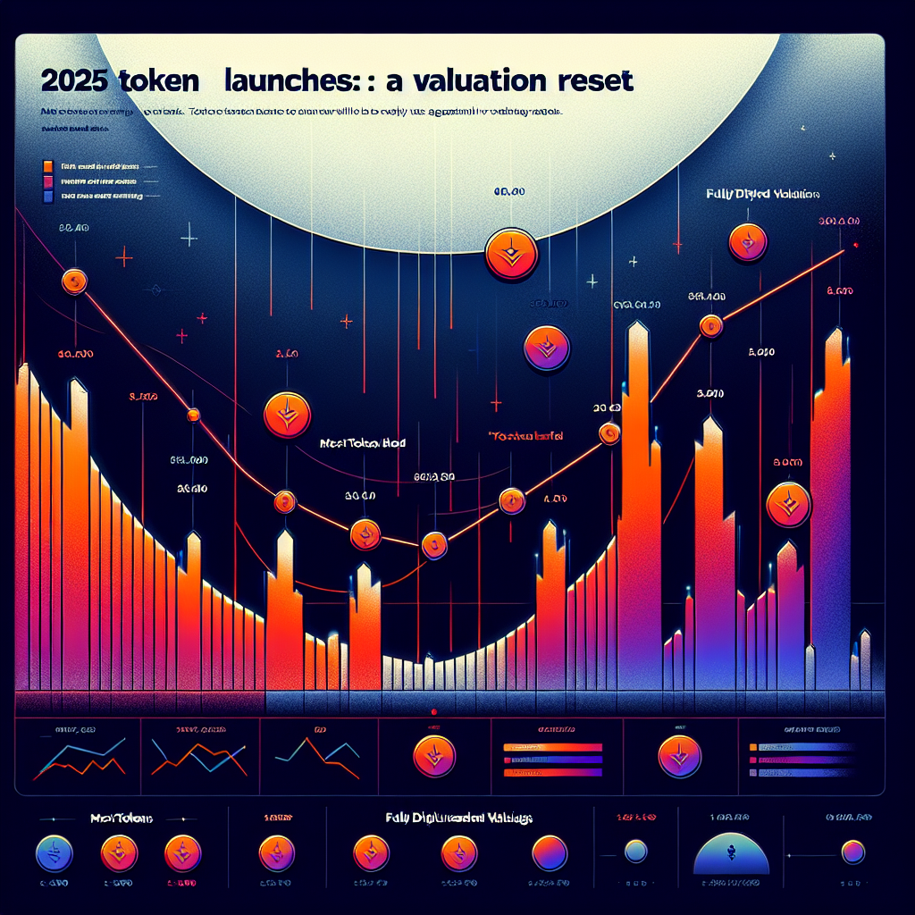 "Modern financial graph showcasing a declining trend line for 2025 Token Launches valuation reset. Displaying images of predominantly red crashing tokens, offset by a few green outliers, with a specific emphasis on a significant token symbolising larger Fully Diluted Valuations falling more than the smaller tokens. Image title 'Most tokens bled, a few outliers rise' illustrates the discrepancy in the market. Utilizing brand colours: orange for the outliers, dark blue for most tokens and a midnight blue background. Image size is 1200 x 628 pixels."