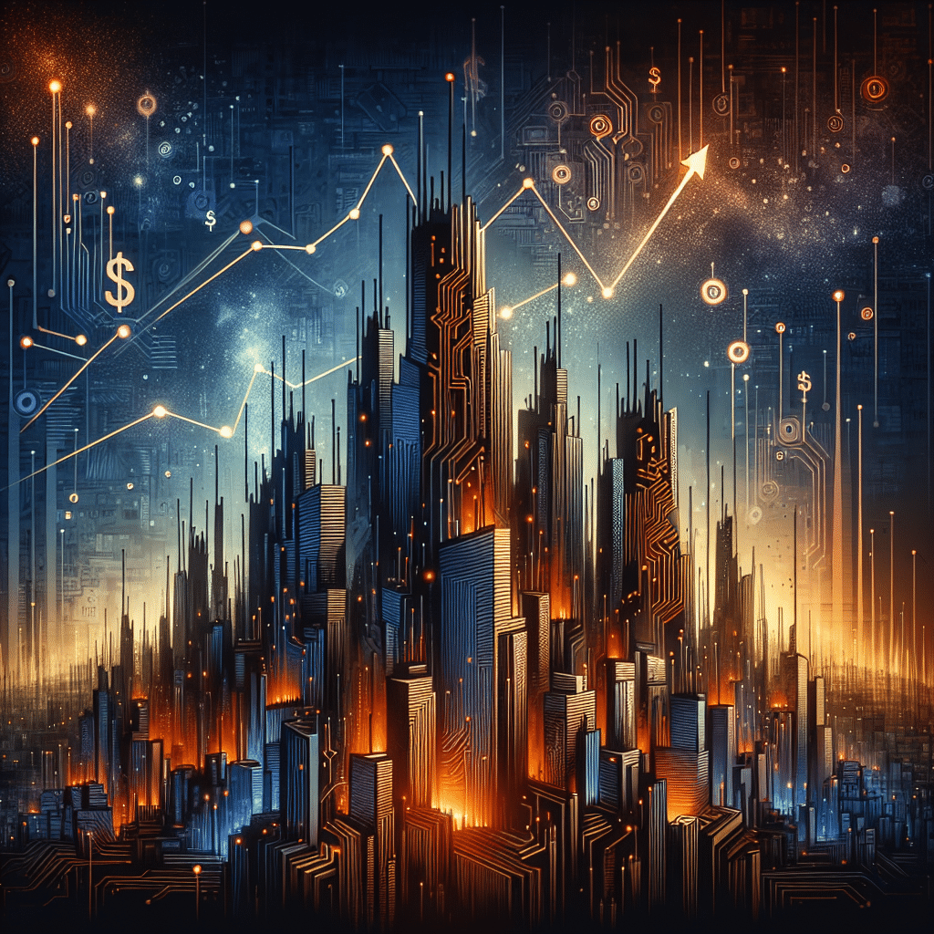 **SEO-optimized alt-text:** Modern digital illustration depicting the rise of trillion-dollar tech companies, with futuristic skyscrapers made of circuit patterns and stock charts symbolizing global market transformation; AI, finance, and innovation icons like neural network nodes, dollar signs, and upward arrows subtly integrated into the architecture; dynamic city skyline in radiant orange accents (#FF9811) against deep dark blue (#000D43) and midnight blue (#021B88) background, conveying technological growth and optimism—ideal for a WordPress blog header.