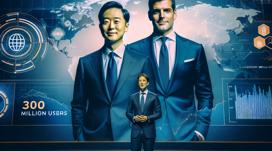 "Yi He and Richard Teng, newly co-CEOs at Binance, on stage at the Blockchain week in Dubai, with Binance's logo and the achievement of 300 million users highlighted in orange. The background featuring a global map and financial graphs on a dark to midnight blue gradient, outlining Binance's expansive global presence and influence in the financial markets."