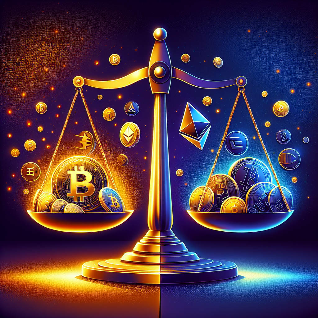 "Abstract graphic illustrating the 2026 cryptocurrency trends with Bitcoin and Ethereum in blue against smaller altcoins on a golden traditional financial scale, set against a gradient blue background with orange accents and text highlighting 'The Future of Altcoins'."