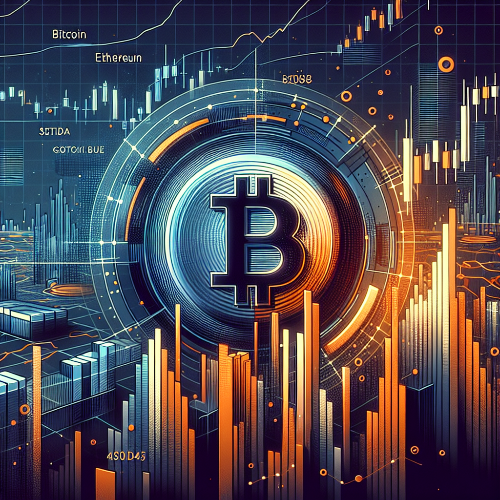 SEO Alt-Text for the Given Image Prompt: Modern, professional fintech blog header featuring Bitcoin, Ethereum, and Solana symbols on an abstract, dynamic background representing volatile global markets; includes ETF chart graphics, equity market elements, and hints of the Federal Reserve, styled with orange (#FF9811), dark blue (#000D43), and midnight blue (#021B88) gradients and geometric shapes, conveying innovation, resilience, and data-driven financial news.