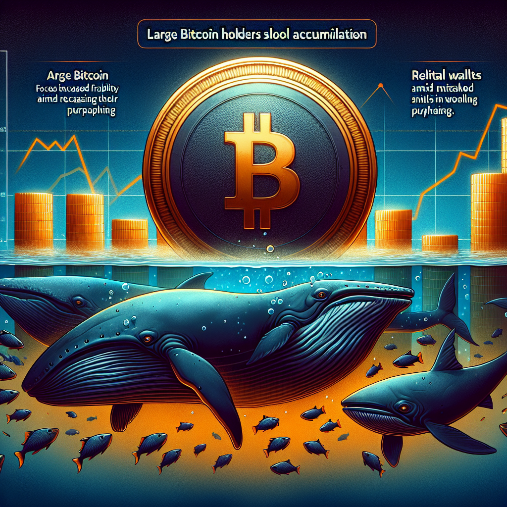 "Bitcoin coin against a backdrop of contrasting groups of large whales and small fish symbolizing the slowdown in accumulation by large holders and increased buying by retail wallets, illustrated by a sharp drop graph in Bitcoin's value. Complementary blend of orange, dark blue, and midnight blue hues with the overlay text 'Large Bitcoin Holders Slow Accumulation' and 'Market Faces Increased Fragility Amid Retail Wallet Rise'."