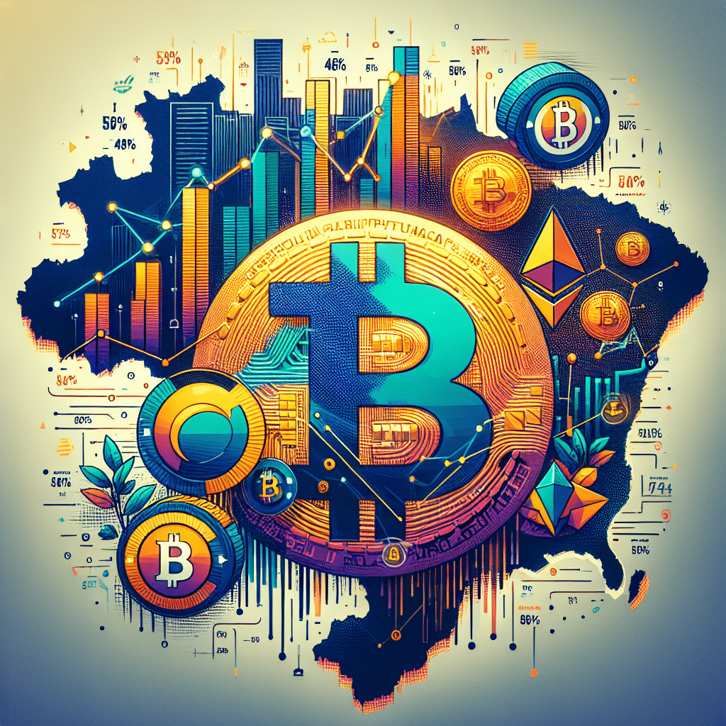 "SEO alt-text: Infographic showcasing the surge of cryptocurrency in Brazil, highlighted by charts demonstrating a 43% yearly increase in transactions and over $1,000 average investment per user. Bitcoin, Ether, and Solana symbols along with Mercado Bitcoin platform logo are vivid in the context of Brazilian financial landscape. The graphic significantly emphasizes on the diversified cryptocurrency investment while illustrating a 56% increase in youth participation nationwide. The image color palette reflects the brand's primary colors."