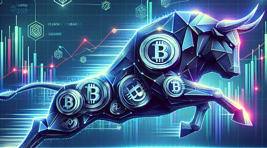 **SEO Alt-Text:** Bold digital illustration of a dynamic charging bull made of stylized cryptocurrency coins and digital lines, surging rightward to symbolize unstoppable momentum during BullZilla’s crypto presale surge; features vibrant upward-trending charts and token icons in the background, glowing highlights, urgent motion effects, and brand colors #FF9811, #000D43, #021B88 for a premium, tech-forward atmosphere, with subtle blockchain graphic overlays to reinforce digital innovation and rapid growth.