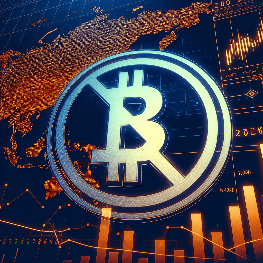 "SEO optimized image showing the dark blue Bybit logo against an orange highlighted map of Japan with a symbolic restriction sign, representing the phasing out of services. Detailed crypto trading volume chart for the year 2026 prominently displayed in the foreground. Entire composition set on a midnight blue background for 1200 x 628 pixels dimension."