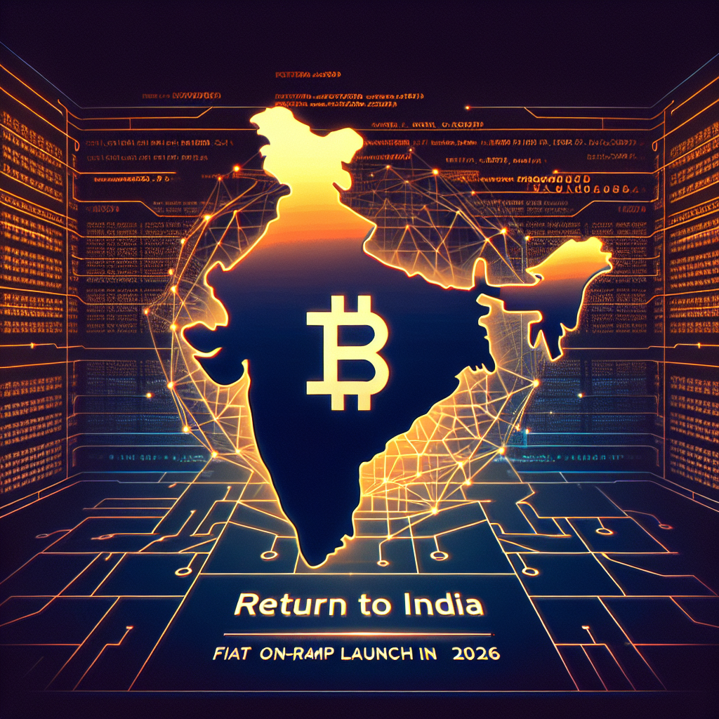 "Coinbase logo seamlessly blended with Indian map against a background of blockchain code with sub heading 'Return to India: Fiat On-Ramp Launch in 2026'. Colored in vibrant orange #FF9811, dark blue #000D43, and midnight blue #021B88. Perfect for 1200 x 628 pixels dimensions banners."