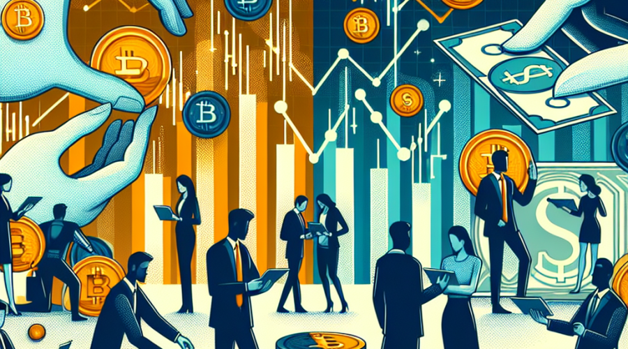 SEO Alt-Text: Modern header image for 2024 financial blog post shows a diverse group of U.S. investors of different ages thoughtfully evaluating digital coins and financial charts. The left side features vibrant Bitcoin and cryptocurrency icons with fluctuating graphs, while the right side displays stable investments like bonds and cash. The scene balances caution, prudence, and optimism, using orange (#FF9811), dark blue (#000D43), and midnight blue (#021B88) colors with clean lines and a mix of digital and traditional finance motifs, illustrating generational and risk-averse shifts in crypto investing attitudes.