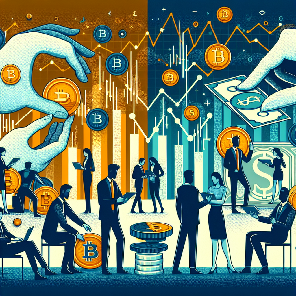 SEO Alt-Text: Modern header image for 2024 financial blog post shows a diverse group of U.S. investors of different ages thoughtfully evaluating digital coins and financial charts. The left side features vibrant Bitcoin and cryptocurrency icons with fluctuating graphs, while the right side displays stable investments like bonds and cash. The scene balances caution, prudence, and optimism, using orange (#FF9811), dark blue (#000D43), and midnight blue (#021B88) colors with clean lines and a mix of digital and traditional finance motifs, illustrating generational and risk-averse shifts in crypto investing attitudes.