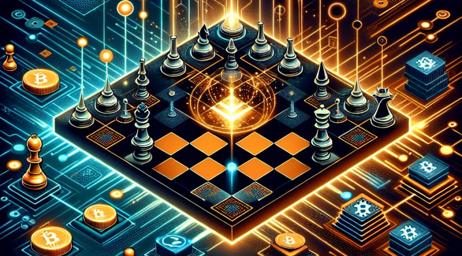 **SEO alt-text:** Digital illustration for Tapzi Web3 gaming platform featuring chess, checkers, rock-paper-scissors, and tic-tac-toe game boards, glowing with orange (#FF9811) and midnight blue tones (#000D43, #021B88); abstract tech-inspired background with circuit patterns, digital gradients, subtle Bitcoin and Chainlink symbols, visually representing skill-to-earn gaming, cryptocurrency growth, transparency, and opportunity within the crypto market.