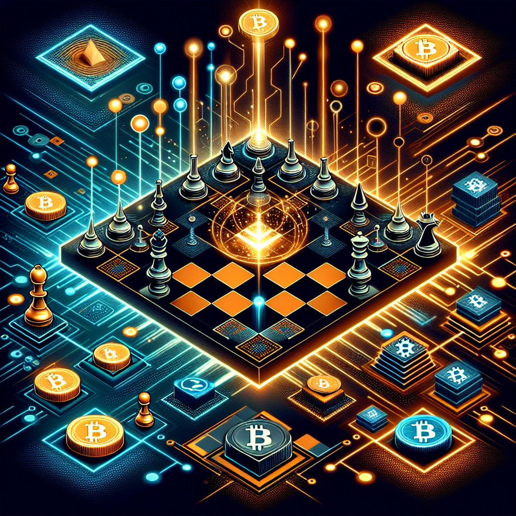 **SEO alt-text:** Digital illustration for Tapzi Web3 gaming platform featuring chess, checkers, rock-paper-scissors, and tic-tac-toe game boards, glowing with orange (#FF9811) and midnight blue tones (#000D43, #021B88); abstract tech-inspired background with circuit patterns, digital gradients, subtle Bitcoin and Chainlink symbols, visually representing skill-to-earn gaming, cryptocurrency growth, transparency, and opportunity within the crypto market.