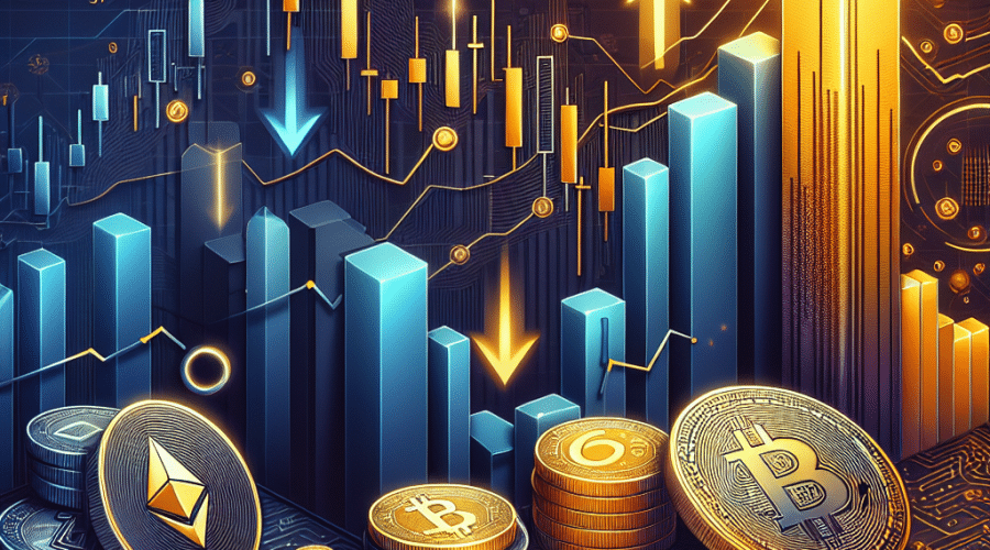 **SEO Alt-Text for Image:** Modern fintech blog image featuring downward-trending candlestick charts, muted Bitcoin, Ethereum, and Solana coins slipping to symbolize cryptocurrency and risk asset weakness, contrasted by a glowing gold bar representing safe haven assets; includes subtle DeFi and protocol growth elements with an up-arrow stablecoin and abstract blockchain connectivity, all in a sleek dark blue, midnight blue, and orange color palette, sized 1200x628 pixels with headline space—ideal visual for cryptocurrency market analysis articles.