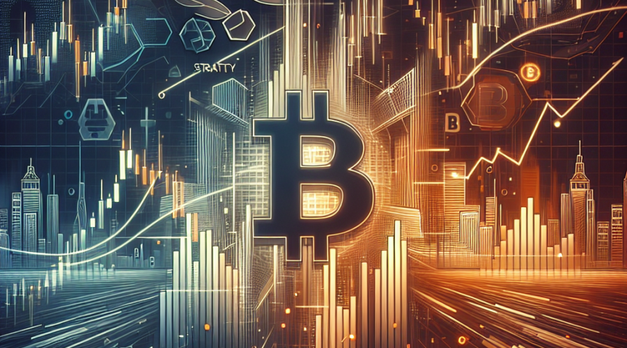 Certainly! Here is a great SEO alt-text for your described image: **Alt-text:** Header image illustrating turbulent crypto markets with a large, downward-trending Bitcoin symbol at the center, surrounded by fluctuating candlestick charts signifying volatility. Background features abstract digital tokens, blockchain elements, and faint silhouettes of the Federal Reserve building. Includes subtle Strategy (MSTR) ticker and declining leveraged ETF icons, all unified with bold Orange, Dark Blue, and Midnight Blue brand colors for a modern, professional digital finance look.