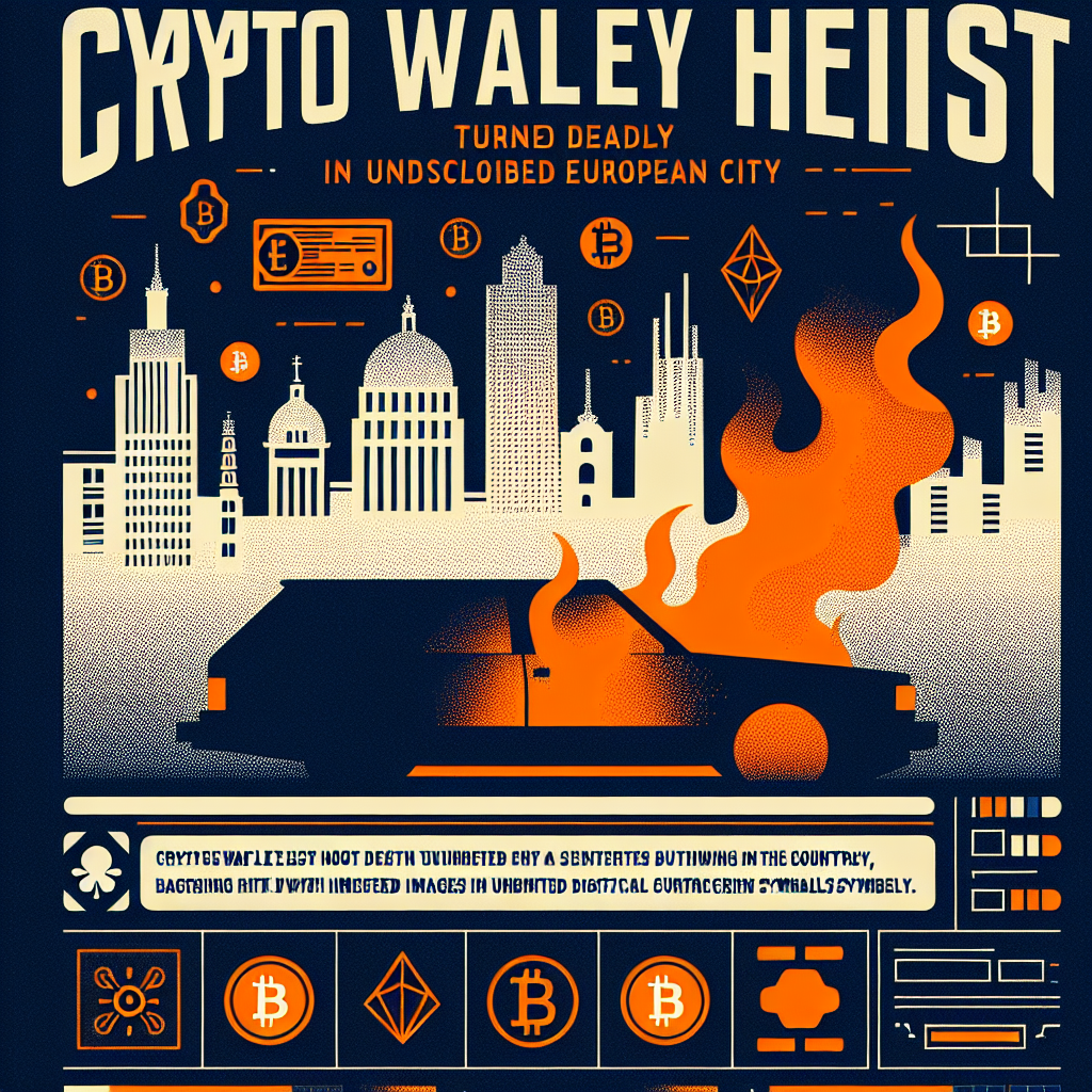 "Dark blue backdrop featuring orange silhouette of Vienna cityscape, a burning car with Ukrainian license plate faintly superimposed and discreetly scattered crypto coins. Midnight blue text reads 'Crypto wallet Heist Turned deadly in Vienna'. This image represents a shocking crypto heist event in Vienna."