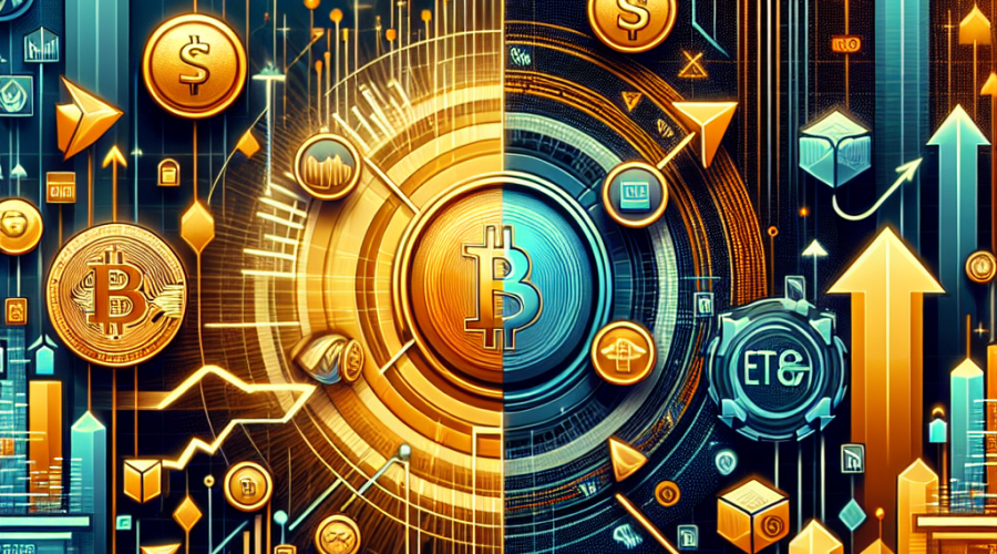 **SEO Alt-Text:** Split-image blog graphic visually contrasting surging gold, Bitcoin, and S&P 500 icons on one vibrant side against slightly declining Nasdaq, tech, and crypto sector symbols on the other; enriched with ETF fund flow arrows, blockchain/DeFi overlays, and a dynamic modern background, all in bold #FF9811 orange, #000D43 dark blue, and #021B88 midnight blue, illustrating volatility and strategic opportunities in today’s crypto and equity financial markets.