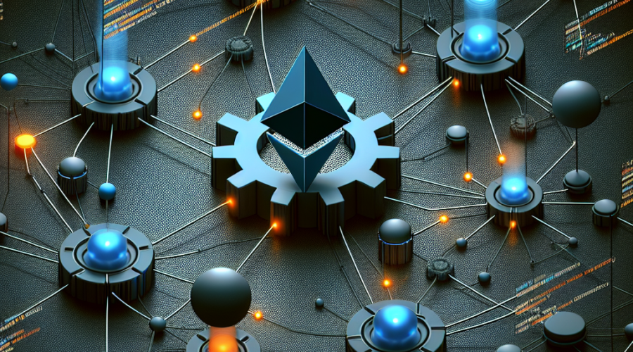 "3D graphic visualization of Ethereum network disrupted by a bug, illustrated by a broken gear and dim nodes, with overlaid code snippets representing the Prysm consensus client bug, predominantly in Ethereum's brand colors, Dark Blue and Midnight Blue, with subtle Orange accents, in a 1200 x 628 pixels resolution."
