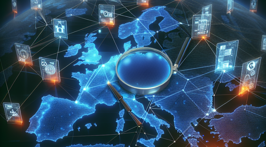"Digital network map of Europe highlighted by a magnifying glass revealing crypto fraud operations, depicting the breakdown of fraudulent crypto investment platforms by law authorities, with the title 'Cracking Down Crypto Fraud Network' and the subtitle 'Unmasking a 700 Million Laundering Scheme' in dark blue, mapped against a midnight blue backdrop and orange accents for emphasis"