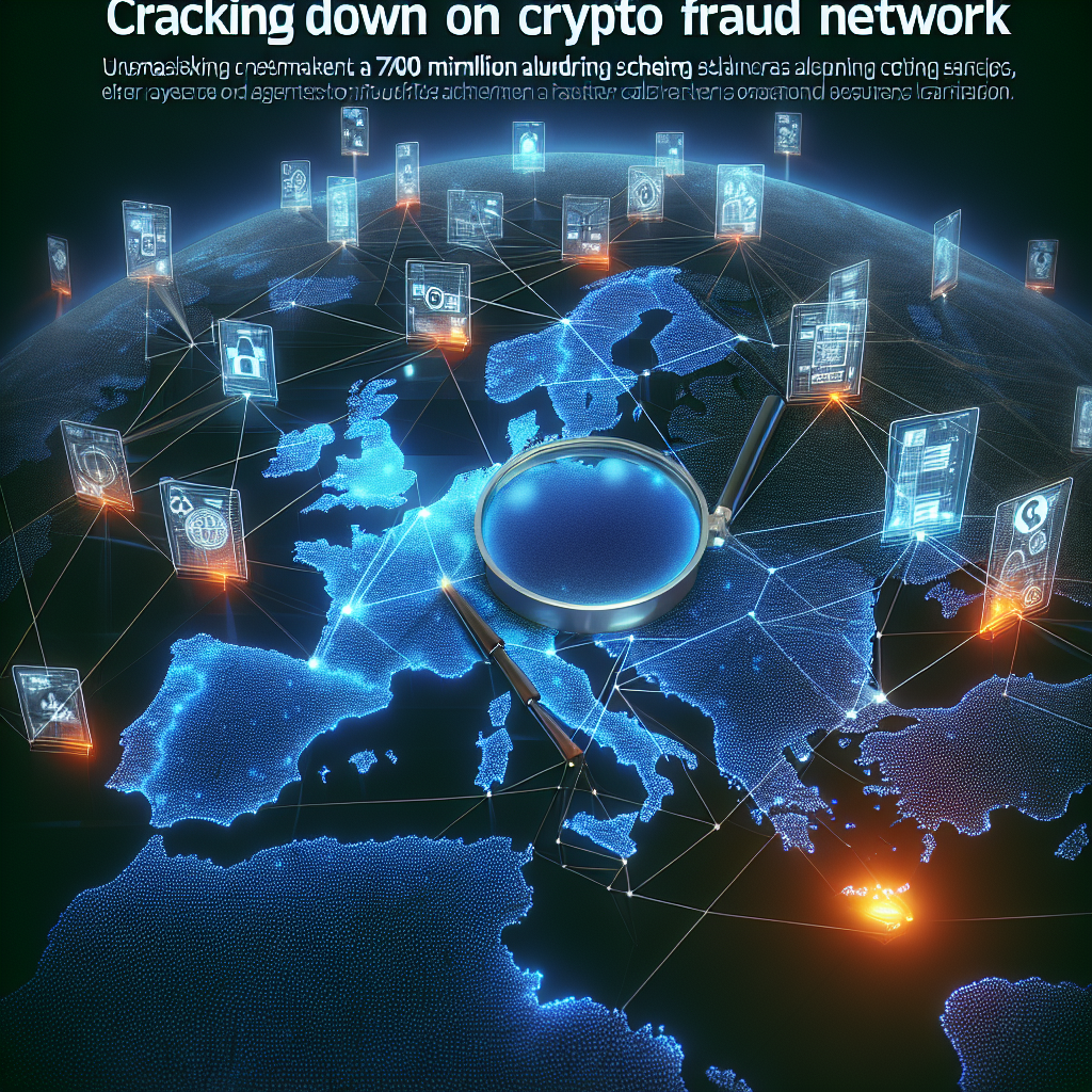 "Digital network map of Europe highlighted by a magnifying glass revealing crypto fraud operations, depicting the breakdown of fraudulent crypto investment platforms by law authorities, with the title 'Cracking Down Crypto Fraud Network' and the subtitle 'Unmasking a 700 Million Laundering Scheme' in dark blue, mapped against a midnight blue backdrop and orange accents for emphasis"