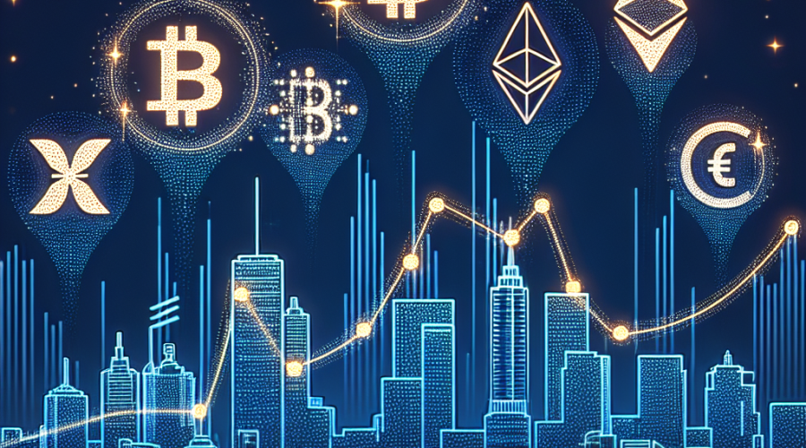 "Digital financial skyline with cryptocurrency company logos of BlackRock, Bitwise, Fidelity, Grayscale, ProShares, and 21Shares featured in vibrant orange against a midnight blue sky decorated with star shapes representing global currencies. Background graph displaying fluctuating values of Bitcoin, Ethereum, and XRP in a visually stimulating color scheme complimenting the brand colors."