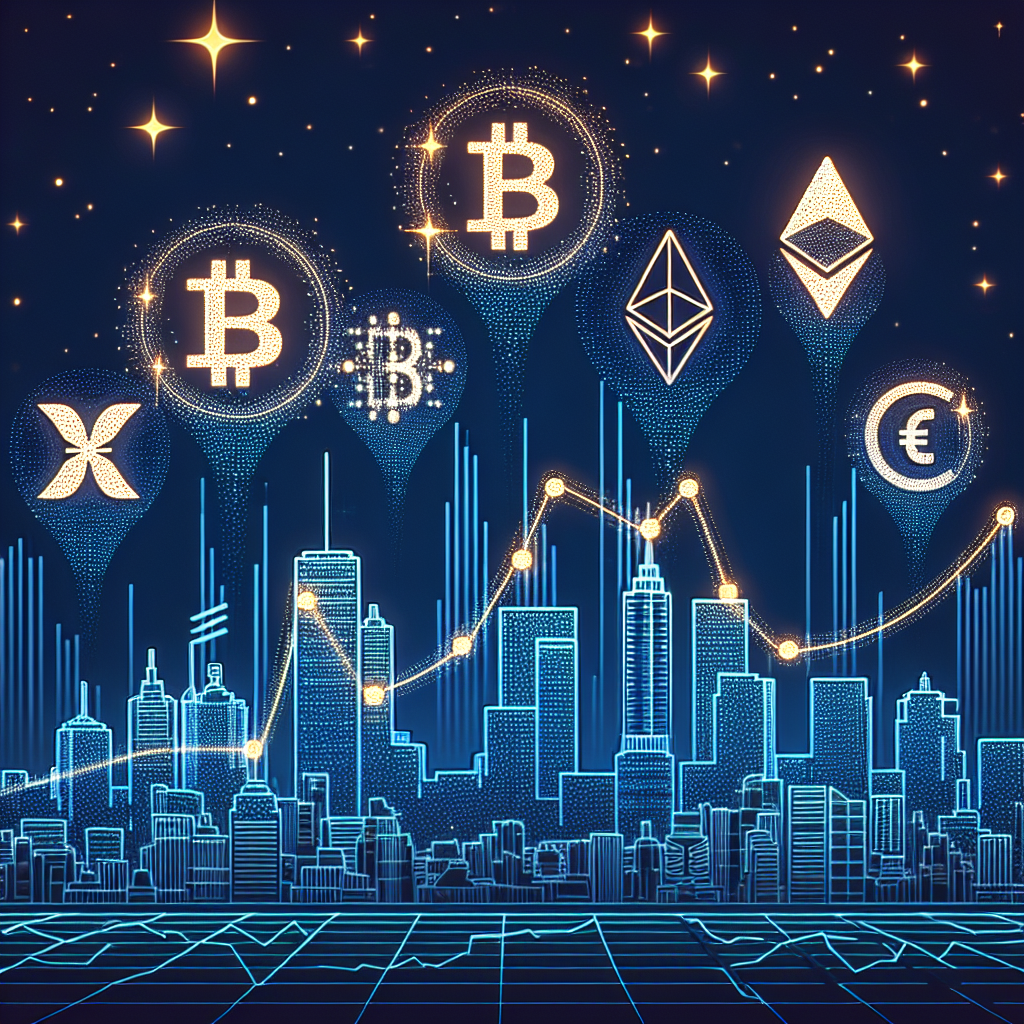 "Digital financial skyline with cryptocurrency company logos of BlackRock, Bitwise, Fidelity, Grayscale, ProShares, and 21Shares featured in vibrant orange against a midnight blue sky decorated with star shapes representing global currencies. Background graph displaying fluctuating values of Bitcoin, Ethereum, and XRP in a visually stimulating color scheme complimenting the brand colors."