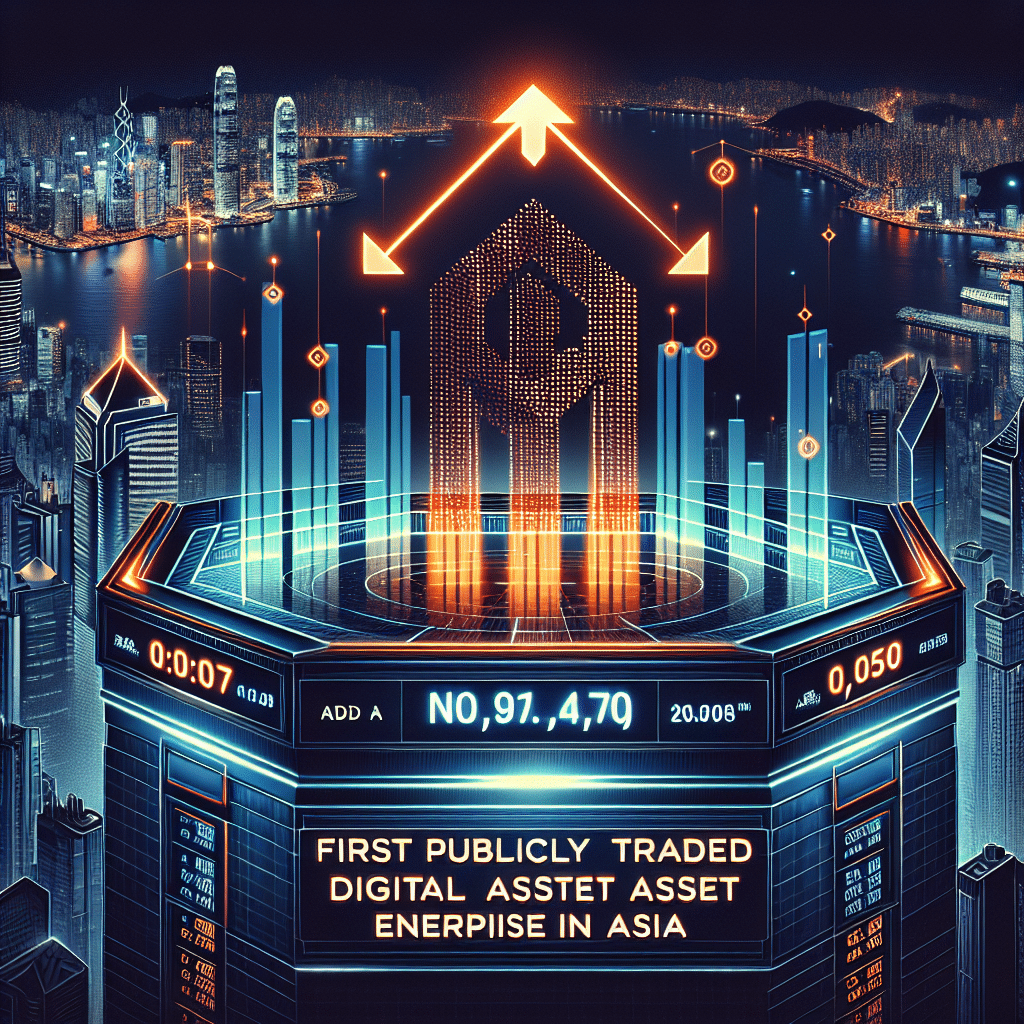"HashKey logo featured prominently against the Hong Kong skyline and Stock Exchange background, with midnight blue opening share prices. Graphic of an ascending arrow signifying growth and success below. Notable subtitle in orange reading 'First Publicly Traded Digital Asset Company in Asia' framed by a sleek dark blue border."