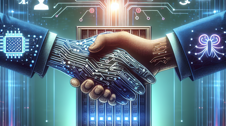 SEO Alt-Text: Sleek modern illustration of Intel and SambaNova partnership—two stylized hands, one with Intel logo elements and the other with AI chip motifs, shake hands above a glowing, enterprise AI server rack. Futuristic data lines flow around finance, healthcare, and defense icons, set against a blue gradient background with orange highlights, symbolizing innovative, transformative corporate AI collaboration. Sized 1200x628 pixels.