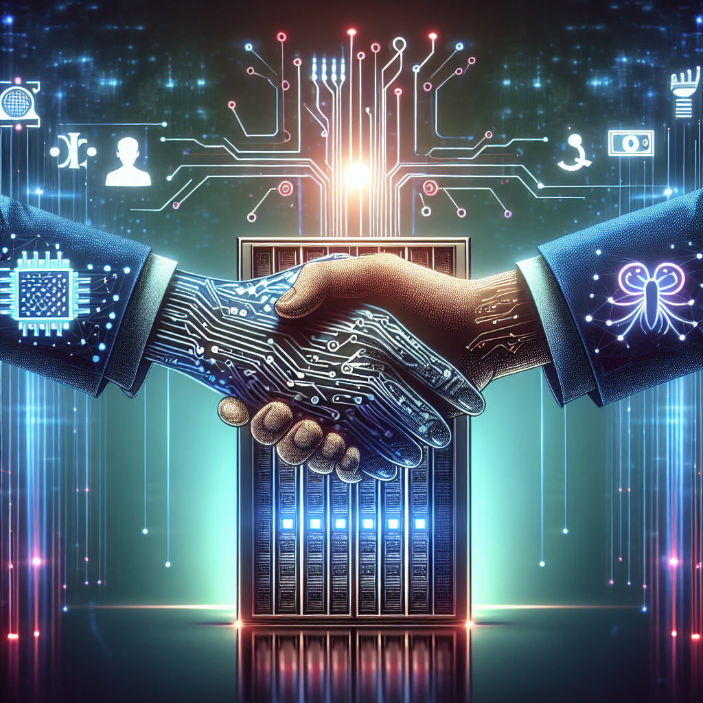 SEO Alt-Text: Sleek modern illustration of Intel and SambaNova partnership—two stylized hands, one with Intel logo elements and the other with AI chip motifs, shake hands above a glowing, enterprise AI server rack. Futuristic data lines flow around finance, healthcare, and defense icons, set against a blue gradient background with orange highlights, symbolizing innovative, transformative corporate AI collaboration. Sized 1200x628 pixels.